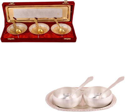 

G S Museum Silver & Gold Plated 3 Heavy Flower Bowl with Spoon and Tray and 3.5" Met Finish 2 Bowl Set with Oval Tray Bowl Spoon Tray Serving Set(Pack of 12)