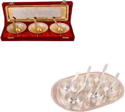 

G S Museum Silver & Gold Plated 3 Heavy Flower Bowl with Spoon and Tray and 3" Met Finish 6 Bowl Set with Oval Tray Bowl Spoon Tray Serving Set(Pack of 20)
