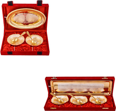 

G S Museum Silver & Gold Plated 2 Heavy Dil Bowl with Spoon and Tray and Silver & Gold Plated 3 Heavy Square Bowl with Spoon and Tray Bowl Spoon Tray Serving Set