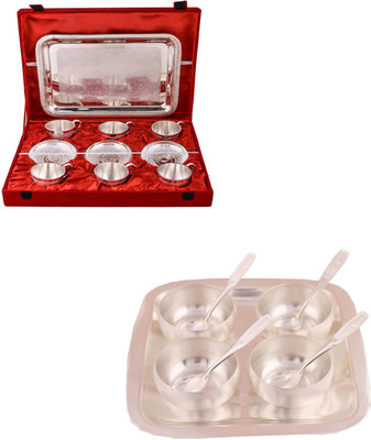 

G S Museum 6 Cup Plate Set with Tray and 3" Met Finish 4 Bowl Set with Rectangle Tray Bowl Spoon Tray Serving Set(Pack of 22)