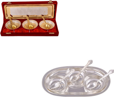 

G S Museum Silver & Gold Plated 3 Heavy Flower Bowl with Spoon and Tray and 3 Square Bowl with Spoon and Tray Bowl Spoon Tray Serving Set(Pack of 14)