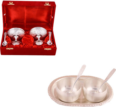 

G S Museum 2 Ice Cream Mug with Spoon and 3" Met Finish 2 Bowl Set with Oval Tray Bowl Spoon Tray Serving Set