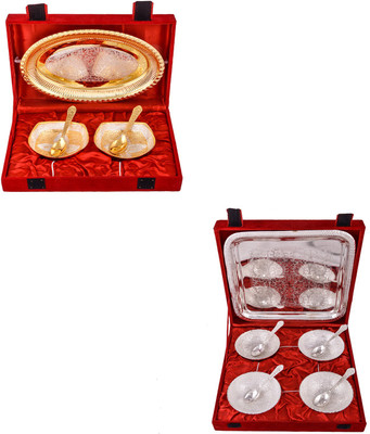 

G S Museum Silver & Gold Plated 2 Heavy Square Bowl with Spoon and Tray and 4 Mor Bowl with Spoon and Tray Bowl Spoon Tray Serving Set