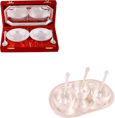 G S Museum 2 Mor Bowl with Spoon and Tray and 3.5" Met Finish 3 Bowl Set with Oval Tray Bowl Spoon Tray Serving Set
