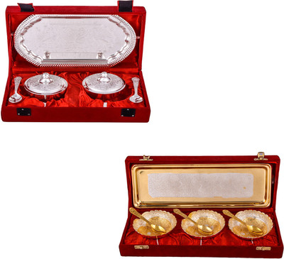 

G S Museum Supari Set with Spoon and Silver & Gold Plated 3 Heavy Dil Bowl with Spoon and Tray Bowl Spoon Tray Serving Set