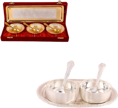 

G S Museum Silver & Gold Plated 3 Heavy Dil Bowl with Spoon and Tray and Premium 2 Bowl Set with Oval Tray Bowl Spoon Tray Serving Set(Pack of 12)