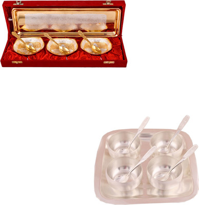 

G S Museum Silver & Gold Plated 3 Heavy Square Bowl with Spoon and Tray and 3" Met Finish 4 Bowl Set with Rectangle Tray Bowl Spoon Tray Serving Set(Pack of 16)
