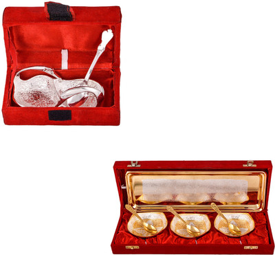 

G S Museum Mini Duck Tray with Spoon and Silver & Gold Plated 3 Heavy Square Bowl with Spoon and Tray Bowl Spoon Tray Serving Set
