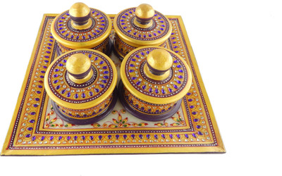 

Chave Marble Tray and Dibbi with Real kundan work of Rajasthan Stoneware Decorative Platter(Multicolor)