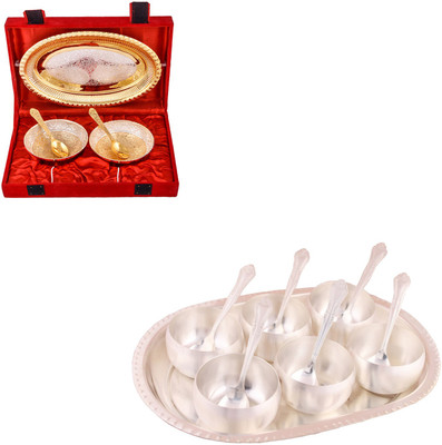 

G S Museum Silver & Gold Plated 2 Heavy Flower Bowl with Spoon and Tray and 3.5" Met 6 Finish Bowl Set with Oval Tray Bowl Spoon Tray Serving Set