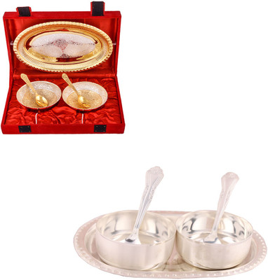 

G S Museum Silver & Gold Plated 2 Heavy Flower Bowl with Spoon and Tray and Premium 2 Bowl Set with Oval Tray Bowl Spoon Tray Serving Set