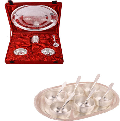 

G S Museum Small Thali Set and 3" Met Finish 6 Bowl Set with Oval Tray Bowl Spoon Tray Serving Set(Pack of 18)