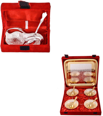 

G S Museum Mini Duck Tray with Spoon and Silver & Gold Plated 4 Heavy Flower Bowl with Spoon and Tray Bowl Spoon Tray Serving Set