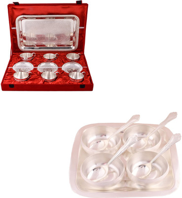 

G S Museum 6 Cup Plate Set with Tray and 3.5" Met Finish 4 Bowl Set with Rectangle Tray Bowl Spoon Tray Serving Set(Pack of 22)