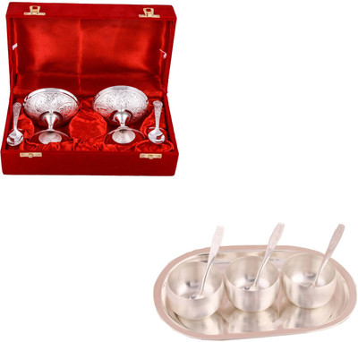 

G S Museum 2 Ice Cream Mug with Spoon and 3" Met Finish 3 Bowl Set with Oval Tray Bowl Spoon Tray Serving Set