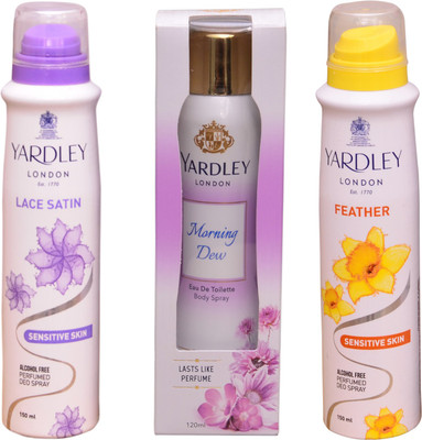 

Yardley London LACE SATIN::MORNING DEW::FEATHER Perfume Body Spray - For Women(420 ml, Pack of 3)