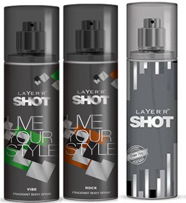 

Layer'r Shot Vive, Rock,Power Play Fragrance Body Spray Deodorant Spray - For Men(135 ml, Pack of 3)