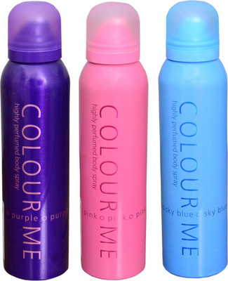 

Colour Me 1 SKY BLUE::1 PINK::1 PURPLE DEO Deodorant Spray - For Women(300 g, Pack of 3)