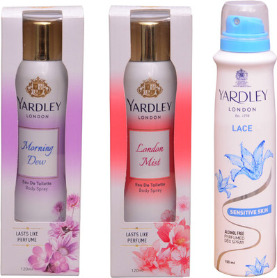 

Yardley London LONDON MIST::MORNING DEW::LACE Perfume Body Spray - For Women(390 ml, Pack of 3)