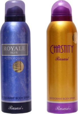 

Rasasi royaly blue and chastity Deodorant Spray - For Men & Women(400 ml, Pack of 2)