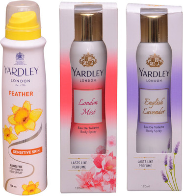 

Yardley London FEATHER::LONDON MIST::ENGLISH LAVENDER Perfume Body Spray - For Women(390 ml, Pack of 3)