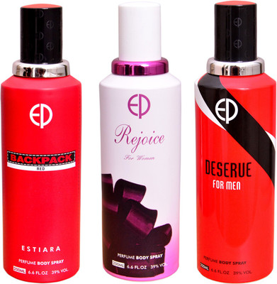 

Estiara 1 BACKPACK RED::1 REJOICE::1 DERSERVE MAN Deodorant Spray - For Men & Women(600 ml, Pack of 3)