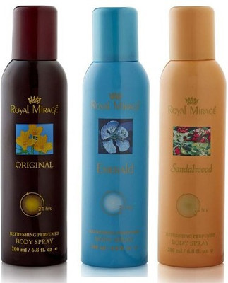 

Royal Mirage 3 Royal Mirage (Original,Emerald & Sandalwood) Deodorant Spray - For Men(150 ml, Pack of 3)