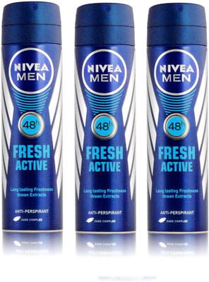Nivea Men Fresh Active Long Lasting Anti-Perspirant Pack of 3 Deodorant Spray - For Men(150 ml, Pack of 3)