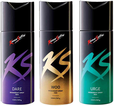 

KamaSutra Dare, Woo, Urge Perfume Body Spray - For Men(150 ml, Pack of 3)