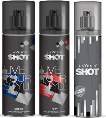 

Layer'r Shot Urban, Fury, Power Play Fragrance Body Spray Deodorant Spray - For Men(135 ml, Pack of 3)