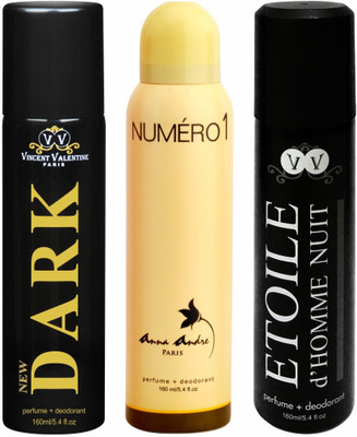 

Vincent Valentine Paris Set of Dark, Numero 1 & Etoile de Homme Nuit Deodorant Spray - For Men & Women(480 ml, Pack of 3)