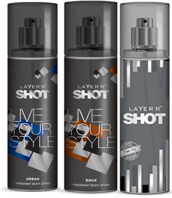 

Layer'r Shot Urban, Rock, Power Play Fragrance Body Spray Deodorant Spray - For Men(135 ml, Pack of 3)
