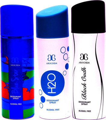 

Arochem Combo Blue Star H2O Black Oudh Deodorant Spray - For Men & Women(600 ml, Pack of 3)