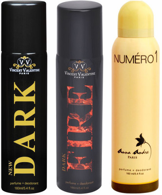

Vincent Valentine Paris New Dark, Dark Fire & Numero 1 Body Spray - For Men & Women(480 ml, Pack of 3)