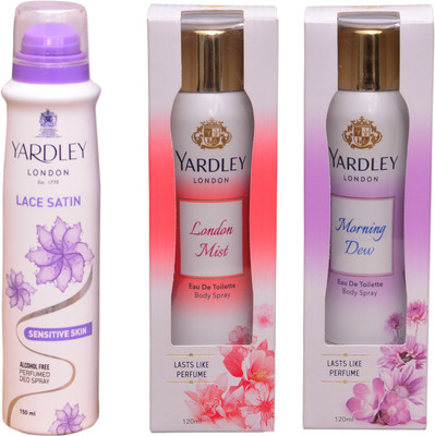 Yardley London LONDON MIST::MORNING DEW::LACE SATIN Perfume Body Spray - For Women(390 ml, Pack of 3)