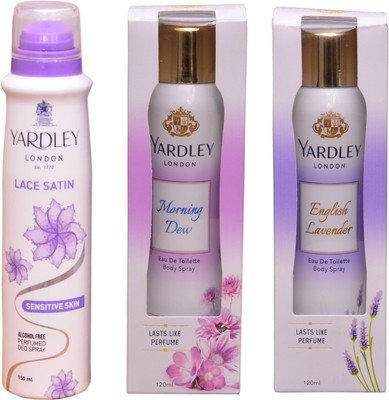 

Yardley London LACE SATIN::MORNING DEW::ENGLISH LAVENDER Perfume Body Spray - For Women(390 ml, Pack of 3)