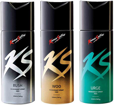 

KamaSutra Rush, Woo, Urge Perfume Body Spray - For Men(150 ml, Pack of 3)