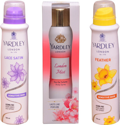 

Yardley London LACE SATIN::LONDON MIST::FEATHER Perfume Body Spray - For Women(420 ml, Pack of 3)