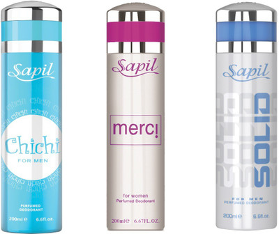 

Sapil CHICHI(M) MERCI(W) SOLID(M) COMBO SET OF 3PCS Body Spray - For Men & Women(200 ml, Pack of 3)