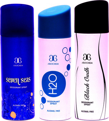 

Arochem Combo Seven Seas H2O Black Oudh Deodorant Spray - For Men & Women(600 ml, Pack of 3)