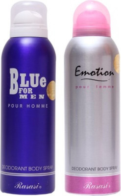

Rasasi blue for men and emotion femme Deodorant Spray - For Men & Women(400 ml, Pack of 2)