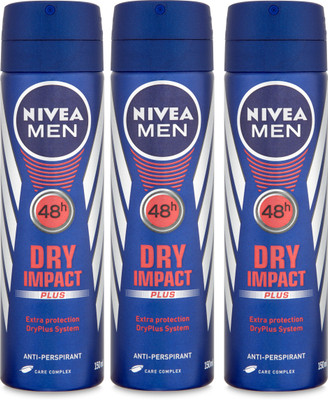

Nivea Men 48h Dry Impact Plus Extra Protection Anti-Perspirant ( Pack of 3) Deodorant Spray - For Men(150 ml, Pack of 3)