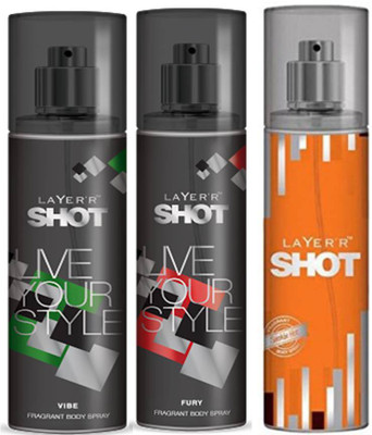 

Layer'r Shot Vive, Fury, Smokin Hot Fragrance Body Spray Deodorant Spray - For Men(135 ml, Pack of 3)