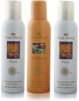 

Royal Mirage 3 Royal Mirage (2 Pearl & 1 Sandalwood) Deodorant Spray - For Men(150 ml, Pack of 3)