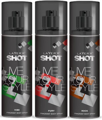 

Layer'r Shot Vive, Fury, Rock Fragrance Body Spray Deodorant Spray - For Men(135 ml, Pack of 3)