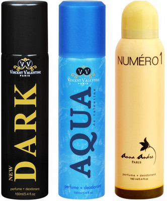 

Anna Andre Paris Dark, Aqua De Valentine & Numero 1 Body Spray - For Men & Women(480 ml, Pack of 3)
