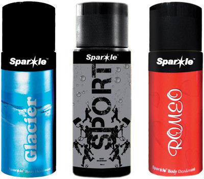 

Sparkle Glacier, Sport & Romeo Combo Offer (set of 3) Each 150 ml Deodorant Spray - For Men(150 ml, Pack of 3)