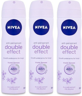 

Nivea Anti-Perspirant Double Effect Smooth Underarms For Longer Violet Senses 48h ( Pack of 3 ) Deodorant Spray - For Men & Women(150 ml, Pack of 3)