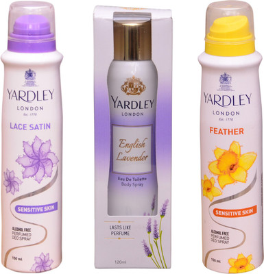 

Yardley London LACE SATIN::ENGLISH LAVENDER::FEATHER Perfume Body Spray - For Women(420 ml, Pack of 3)
