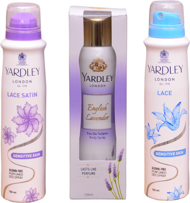 

Yardley London LACE SATIN::ENGLISH LAVENDER::LACE Perfume Body Spray - For Women(420 ml, Pack of 3)